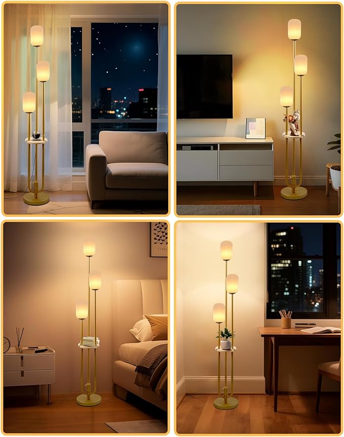 Lightdot Dimmable Floor Lamp with Shelf, Modern Gold Tall Floor Lamps with Oval Striped Lampshade for Wedding/Party, 3000K Bulb Included 3-Lights Standing Lamp for Living Room/Sofa Beside/Corner Decor