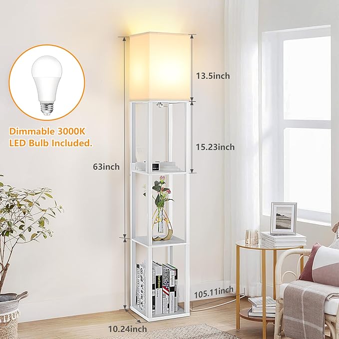 FOLKSMATE Touch Control Shelf Floor Lamp, Modern Dimmable LED Standing Lamps with Shelves, Charging USB Ports, Type C Port and Power Outlet, Wood Tall Light for Living Room, Bedroom, Bedside，White