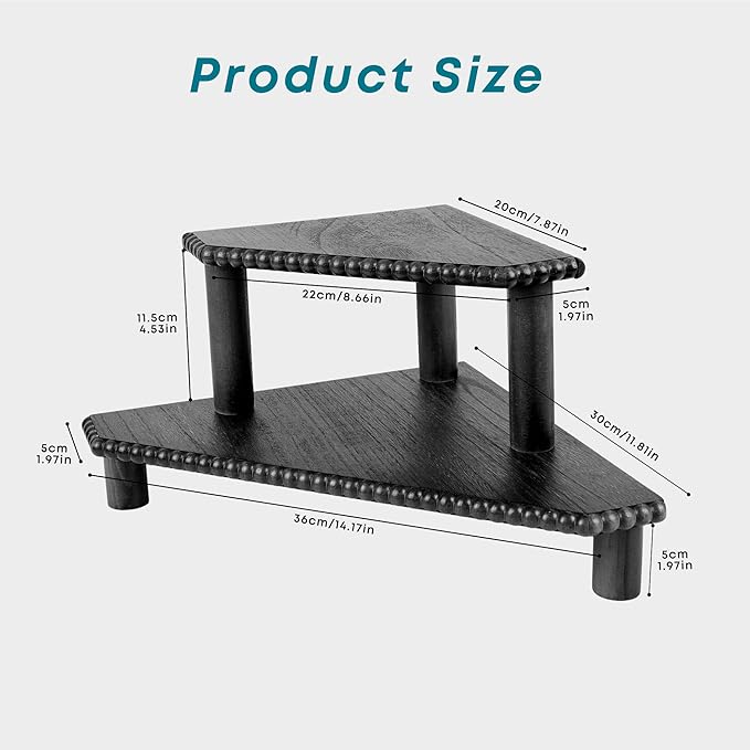 2-Tier Rustic Corner Shelf for Kitchen Counter,Wood Beaded Farmhouse Countertop Organizer with Removable Feet, Stackable Bathroom Vanity & Coffee Bar Decorative Riser Stand(Rustic Black)