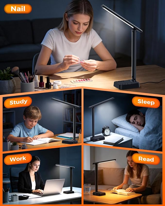 LED Desk Lamp for Office Home, Power Strip with 3 Outlets 4 USB Charging Ports(2 USBC), 4 Modes 5 Level Brightness Desk Light, Small Desk Lamp for College Dorm Room Essentials