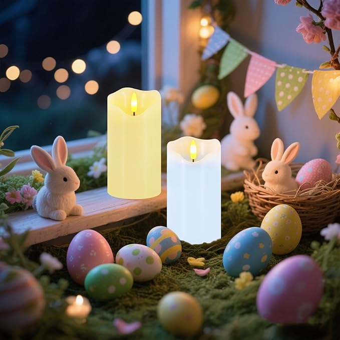 Flameless Candles Light, Set of 2 6"x3" Flickering Pastel Spring LED Candles with Remote & Timer, Dimmable Real Wax Easter Pillar Candles Battery Operated for Home Spring Easter Decor (Blue Yellow)