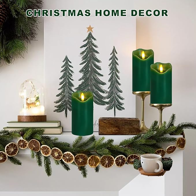 VEEKI Flameless Candles Light, Set of 2 6"x3" Flickering Christmas Flameless Candles with Remote & Timer, Dimmable Real Wax Pillar Candles Battery Operated, Green Candles for Home Xmas Decor (Green)