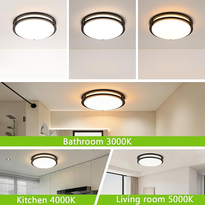 Black Flush Mount LED Ceiling Light Fixture, 13 inch 3000K/4000K/5000K Adjustable Ceiling Lights, Metal Frame Tri-Color Dimmable Lighting for Living Room Bedroom Hallway Bathroom or Kitchen