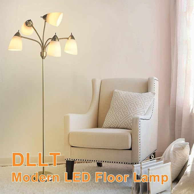 DINGLILIGHTING Floor Lamp Modern for Living: Flexible Gooseneck Floor Lamps Standing for Bedroom Home Office - Tall Floor Lights Gold 5-Light