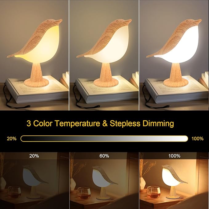 2 Pack Bird Small Desk Lamp, 2600 mAh Dimmer Kids Night Light for Bedroom, Cordless Table Lamp with 3 Color Temperature and Touch Sensor, Rechargeable Bedside lamp, Hummingbird Lamp