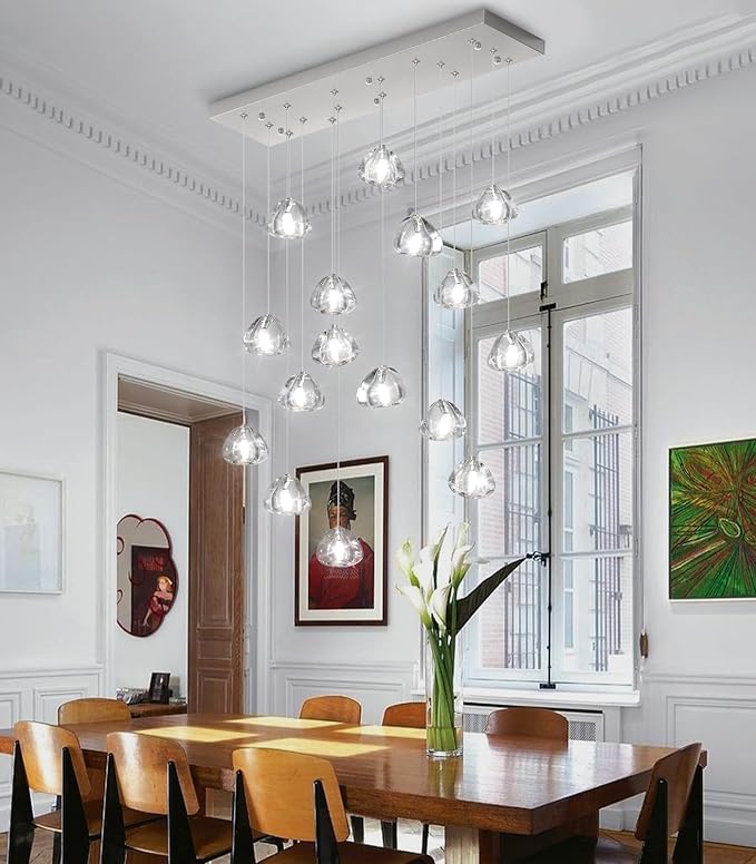 Brushed Nickel Rectangular Chandeliers for Living Dining Room Light Dimmable High Ceiling Pendant Lights Fixtures Lighting Chandelier for Foyer Entryway Lighting
