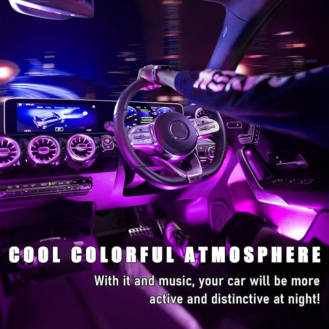 Car Interior LED Strip Light, 12V 24 LED Waterproof Neon Ambient Night Light with USB Port, Automotive Atmosphere Decorative Under Dash Lighting Kit, Car Accessories (Pink Purple)