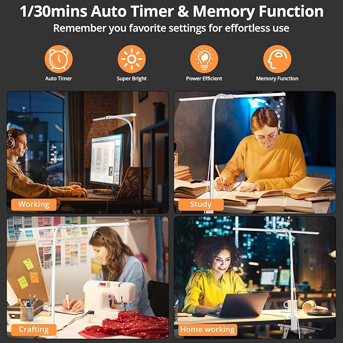 Desk Lamp with Clamp, with 5V 2A Adapter, LED Desk Lamp with Dual Head, 50 Light Modes, Computer Monitor Flexible Neck Lamp, Eye Protection Desk Lamps for Study, Office, Crafts, Draw(White)
