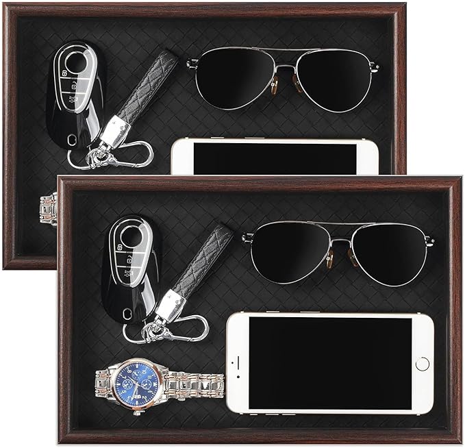Zosenley Wooden Valet Tray with Leather Base - Nightstand Catchall Organizer for Cologne, Perfume, Keys, Wallet, Phone, Watch, Jewelry & Sunglasses (2Pcs Black)