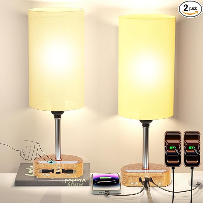 Bedside Lamp with Charging Station 74W【2 * 3.94ft Retractable Cords & 2 USB Ports】, 3 Way Dimmable Touch Lamps for Nightstand with LED Bulb, Small Desk Lamp, Set of 2, Yellow Wood Grain