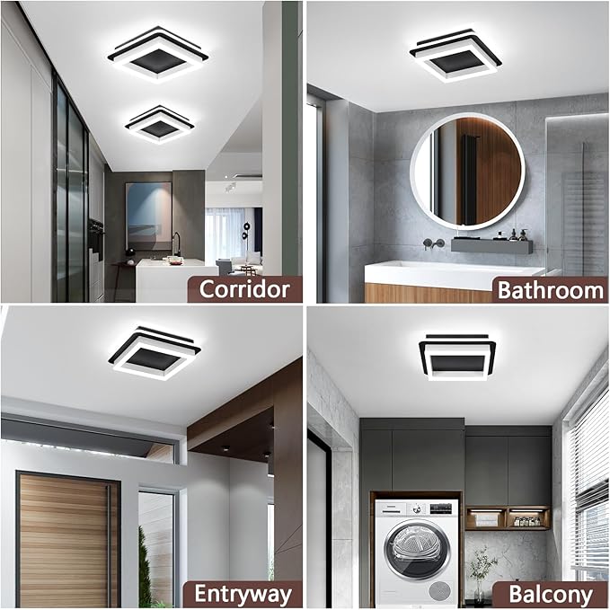 CANEOE Black Led Hallway Light Fixtures 6000K Cold White LED Modern Ceiling Light Fixtures Acrylic Square Flush Mount Ceiling Lamp for Bedroom Kitchen Bathroom Hallway Ceilings Lighting