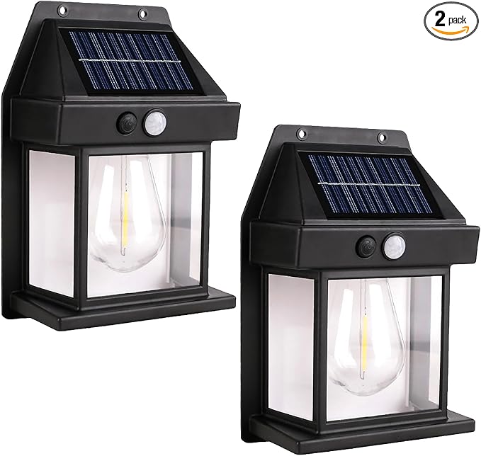 Solar Wall Lights Outdoor [2 Pack] Dusk to Dawn Solar Motion Lights Outdoor, Waterproof, 3 Lighting Modes, Wall Mount Light Sconces For Outside Patio Fence Yard Garage (BLACK-1 BULB, 2 PACK STANDARD)