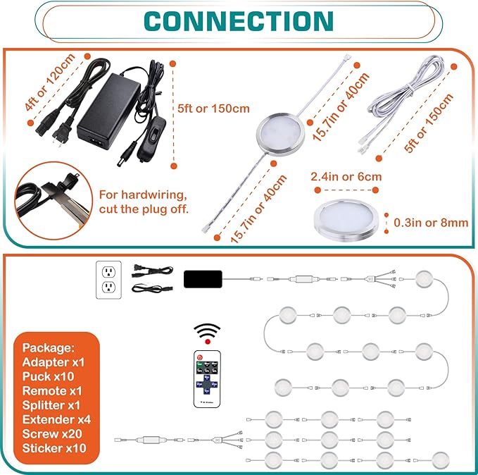 Under Bar Lighting, Workspace Accent Light Kit, 120V Cabinet LED Puck, Daisy Chained Linkable, Plug-in & Hardwiring, Wireless RF Remote Control Dimmable, White Cables, Daylight, 10 Lights