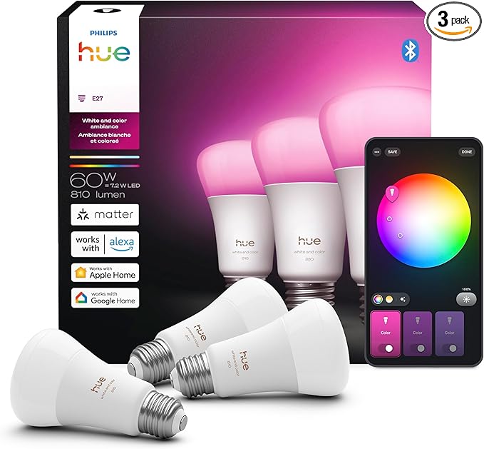 Philips Hue Smart LED A19 Bulb, 3 Pack, White & Color Ambiance, E26 Base, 7.2W, Full Spectrum Light 1000K-20000K, 810 Lumens, Dimmable LED Bulbs, Works with Alexa, Google,& Apple Home