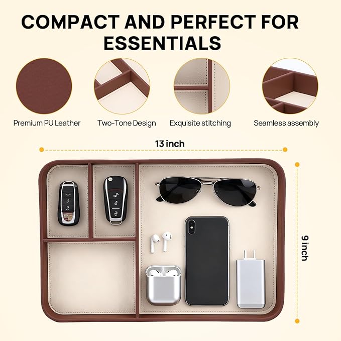 Leather Valet Tray, Stylish and Organized Multifunctional Tray, Nightstand & Desk Organizer, EDC Catchall for Keys Watch Jewelry Bedside Table Organizer