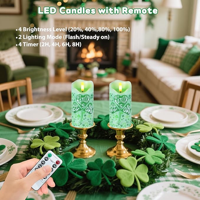 Flameless Candles Set of 2, 6"x3" Flickering Shamrock LED Candles with Remote & Timer, Real Wax St. Patrick's Day Electric Pillar Candles Battery Operated for Home St. Patrick's Day Decor (Clover)