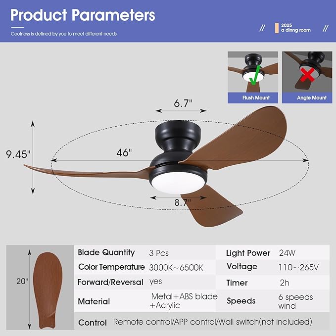 46 Inch Modern Ceiling Fans with Lights, Flush Mount Ceiling Fan, Remote/APP Control, 3 Reversible Curved Blades, 6 Speeds, 3 CCT Dimmable LED Lights for Living Room Bedroom, Brown