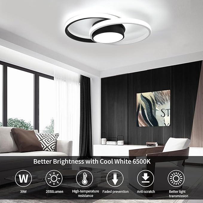 AUA LED Modern Ceiling Light, 39W Flush Mount Lights Fixture, 15.7 Inch Round 6500K Close to Ceiling Lighting for Bedroom, Kitchen, Hallway, Black and White