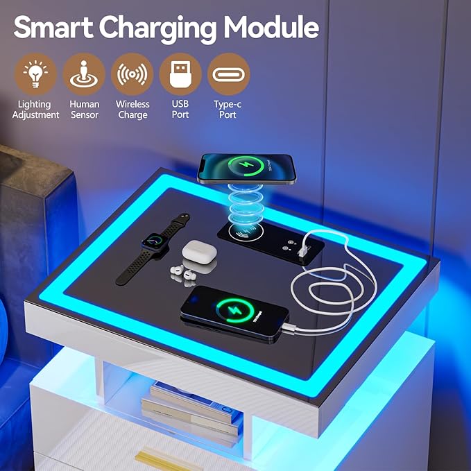 White Night Stand with Wireless Charging Station,Smart Bedside Table with 3 Drawers,Modern Glass Top End Table with 3 Color Dimmable,LED Nightstand for Bedroom