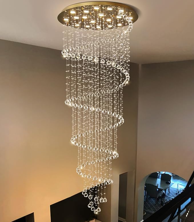 W40 x H118in Gold Chandelier with LED Bulbs Glam Crystal Light Hight Ceiling Lighting Fixtures for Living Staircase Foyer Entryway