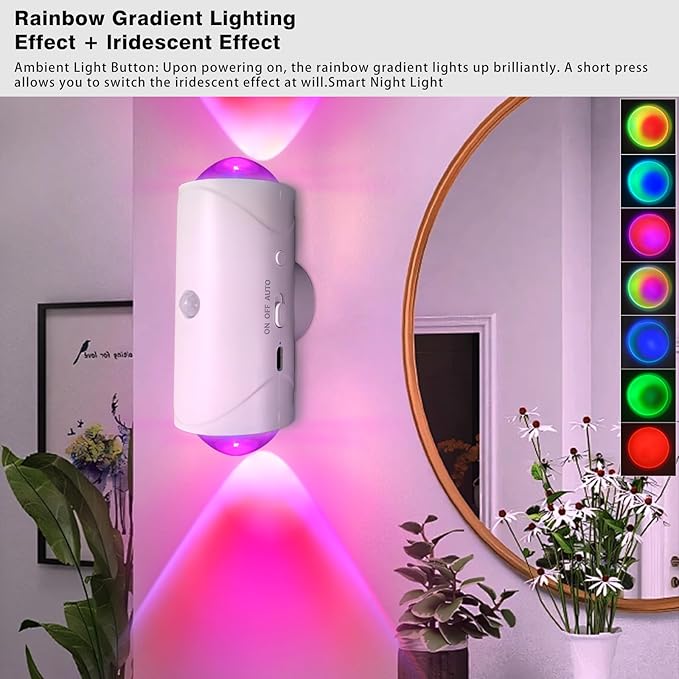 LED Wall Mounted Lights 2 Pcs,Battery Operated Wall Sconce with Motion Sensor, Up/Down Lighting Design 1500mAh Rechargeable Cordless Wall Lights for Indoor Bedroom Hallway (White)