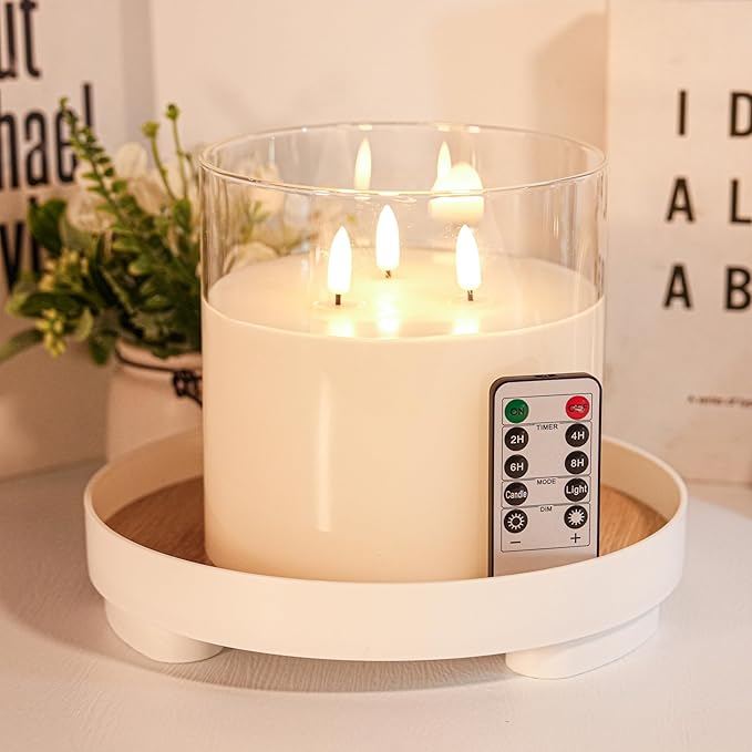 NICEME Extra Large 3 Wick Battery Operated Candle, 6"x6" Big Clear Glass Flameless Candles with Remote, Real Wax Flickering Led Pillar Fake Giant Candle for Wedding Party Holiday Home Decor, White