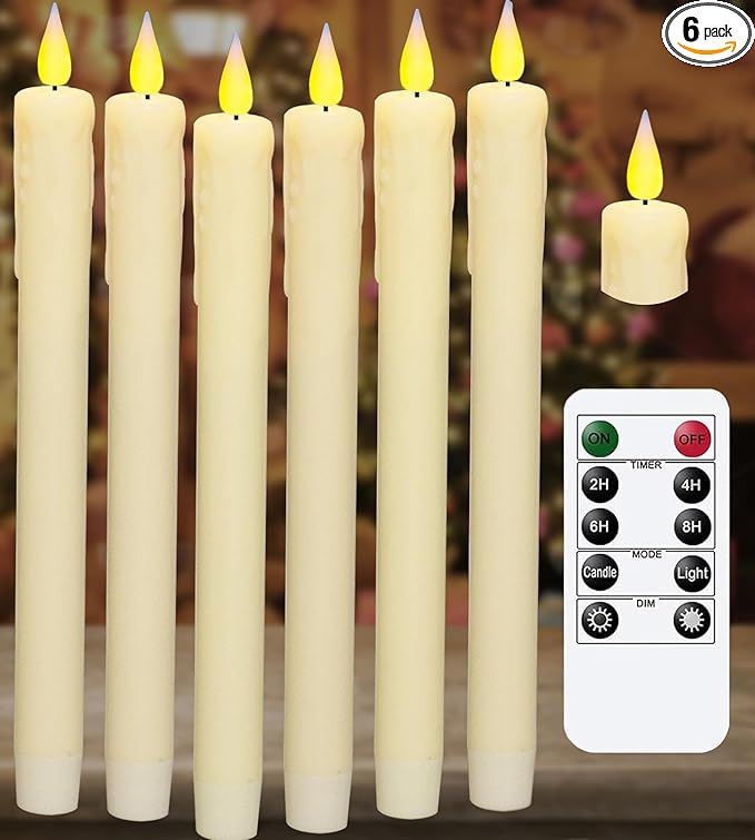 KSWING Upgraded Real Wax LED Flameless Taper Candles with Remote, 6 PCS Ivory Dripping Candlesticks Battery Operated 3D Flickering - 9.6" Long Realistic Fake Candle Sticks for Home/Wedding/Xmas Decor