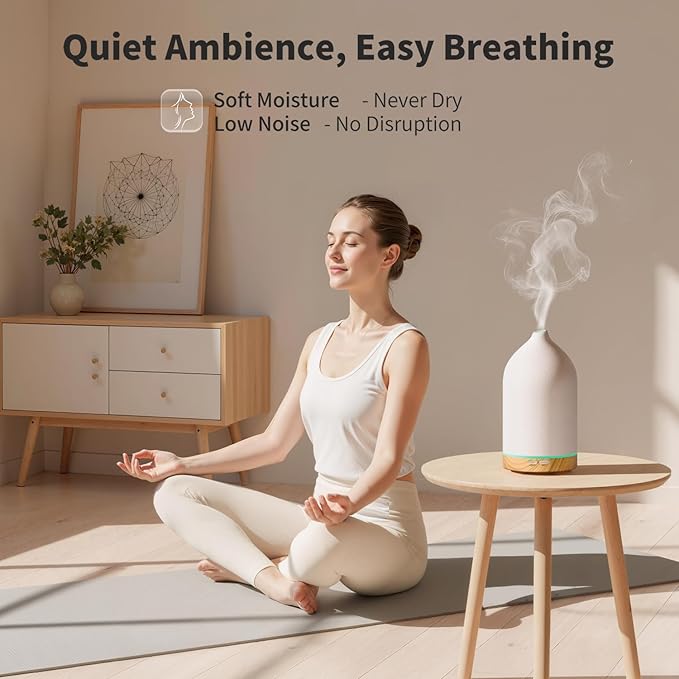 URPOWER 120ML Ceramic Essential Oil Diffuser, Ultrasonic Aromatherapy Diffuser with 7-Color Lights, Auto Shut-Off, Quiet Oil Diffuser for Bedroom, Home Office