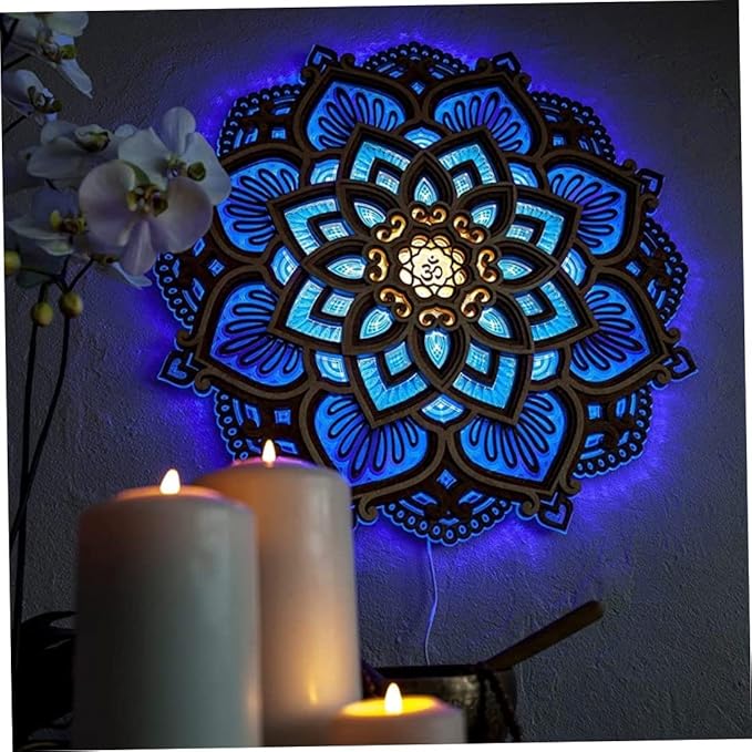 Naisicore Mandala Night Lights, 11.8inch Multilayered Cut Carved Mandala Hanging Lamp, Yoga Room Atmosphere Light, Wooden Decorative Lamps for Bedroom Wall Decoration