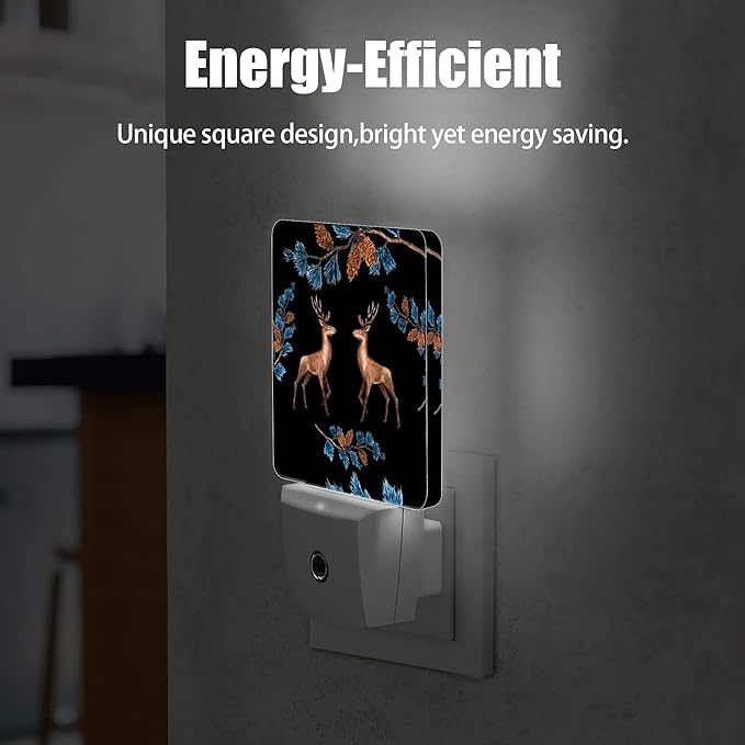 Retro Deers Night Light, Pine Branches Night Lights Plug into Wall Decor for Bedroom, Bathroom, Hallway, Kitchen, Dusk to Dawn Sensor Nightlights for Girls Women Room Gifts