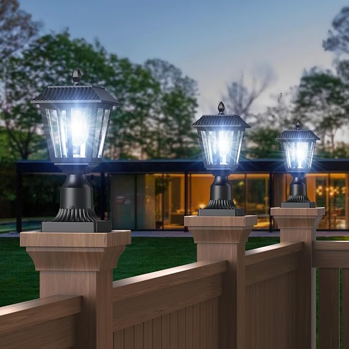 Greluna Solar Post Lamp Lights, 2 Pack 6000K Dusk to Dawn Solar Light with Pier Mount Base, Post Lights Outdoor Waterproof for Garden Yard Landscape Pole Pillar, Outside Decorative Lamp