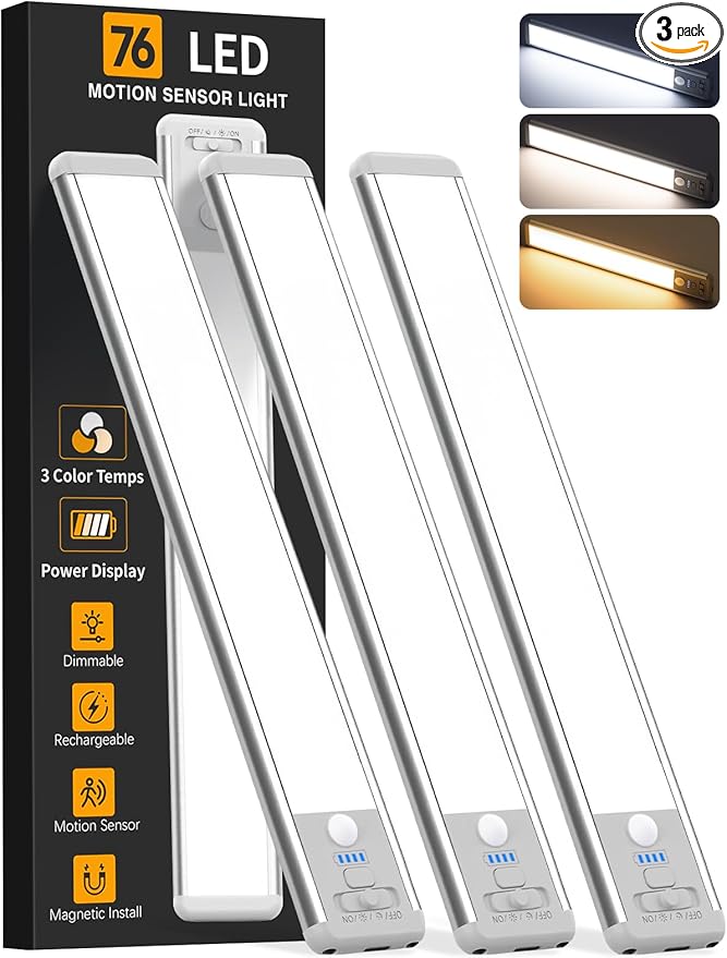 Under Cabinet Lighting Wireless, Rechargeable Motion Sensor Light Indoor, 3 Color Dimmable Closet Light Battery Operated with LED Power Display, Magnetic Under Counter Lights for Kitchen, Home (3Pack)