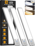 Under Cabinet Lighting Wireless, Rechargeable Motion Sensor Light Indoor, 3 Color Dimmable Closet Light Battery Operated with LED Power Display, Magnetic Under Counter Lights for Kitchen, Home (3Pack)
