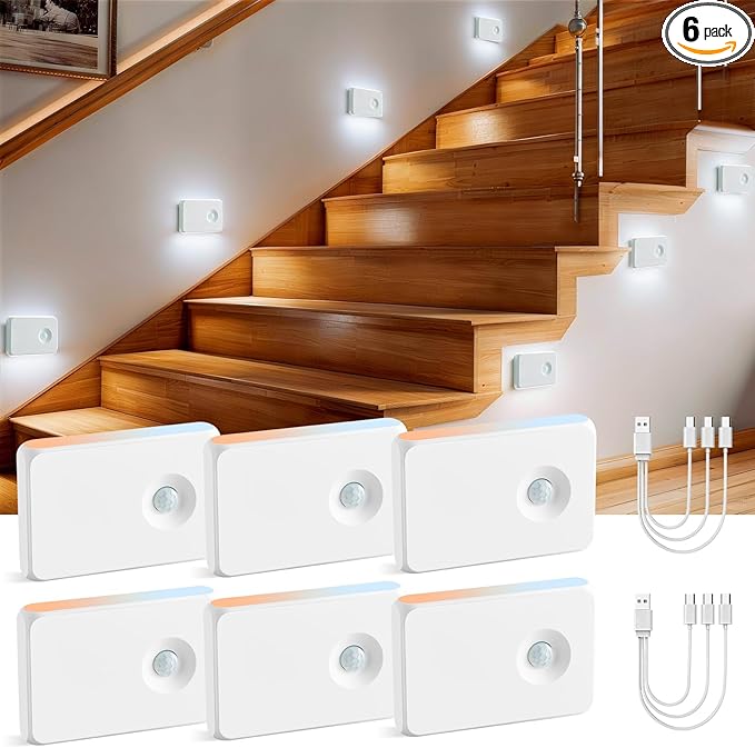 6 Pack Wireless Rechargeable Motion Sensor Stair Light, Smart Led Motion Activated Battery Operated Night Lights, RGBW Stick On Closet Lamp Indoor for Step Cabinet Hallway Bathroom Stairway
