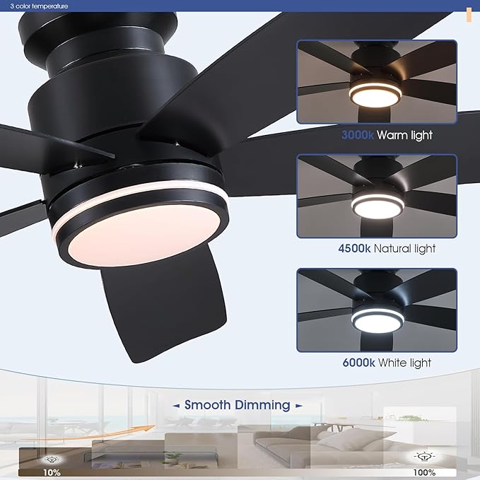46 Inch Black Flush Mount Ceiling Fan with Light, 5 Blades Reversible Fan, 6-Speed & 2-Hour Timer, Remote Control, 3 CCT Dimmable for Living Room Bedroom