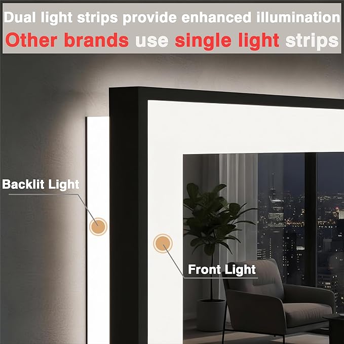 96x36 Large LED Bathroom Mirror with Lights - Black Aluminum(Front and Backlit),Anti-Fog Lighted Mirror for Wall,Stepless Dimmable Lighted Mirror,3 Colors Smart Mirror(Horizontal/Vertical)