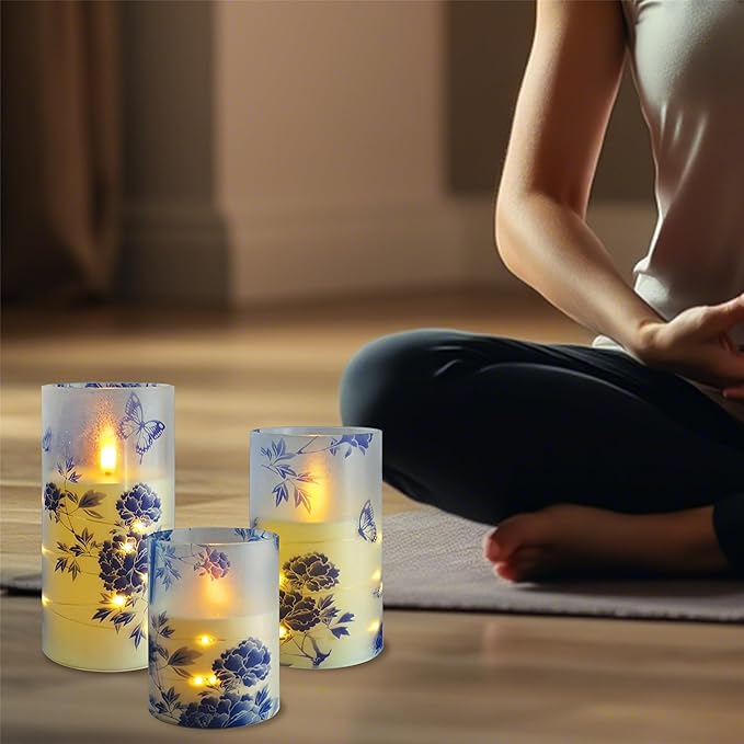 Flameless Candles with String Lights - Set of 3 Chinoiserie Battery Operated Candle Flickering Floral LED Pillar Candles with Timer Remote for Home Decor Romantic Ambiance