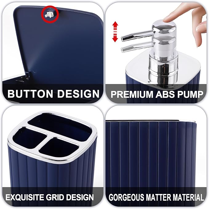 XLHOMO Navy Blue Bathroom Accessories Set - Gorgeous Bathroom Set, 10PC Bathroom Accessory Set, Toilet Brush, Trash Can, Qtip Holder & Soap Dispenser