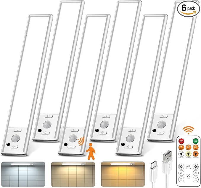 9inch Under Cabinet Lighting with Remote, Rechargeable LED Motion Sensor Light Indoor, Closet Lights Wireless, 3 Color Temps & Dimmable, Magnetic Under Counter Lights for Kitchen, Stairs, 6 Pack