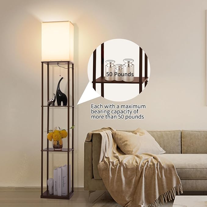 Floor Lamp with Shelves, Modern Square Standing Lamp with 3 Color Temperature Bulb, Corner Display Bookshelf Lamp for Living Room, Bedroom and Office(Brown-2 Pack)