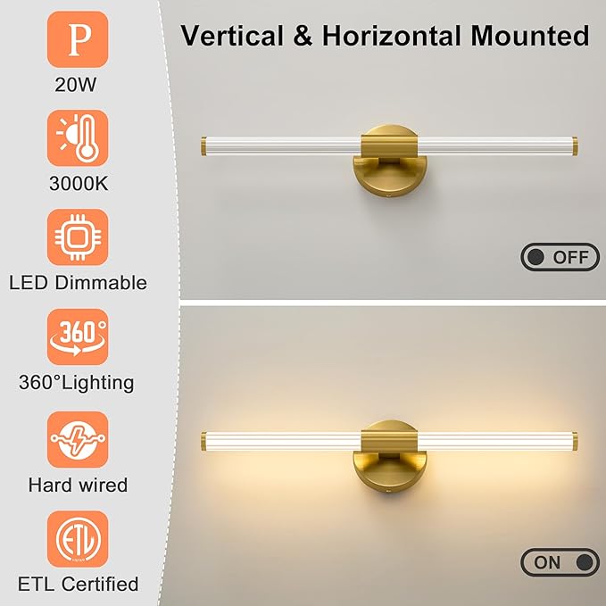 LED Bathroom Light Fixtures, Gold Vanity Lights for Bathroom, 360° Full Lighting Dimmable LED 24 inch Vanity Light Bar Over Mirror, Hardwired Modern Wall Sconce Warm White for Bedroom Living Room
