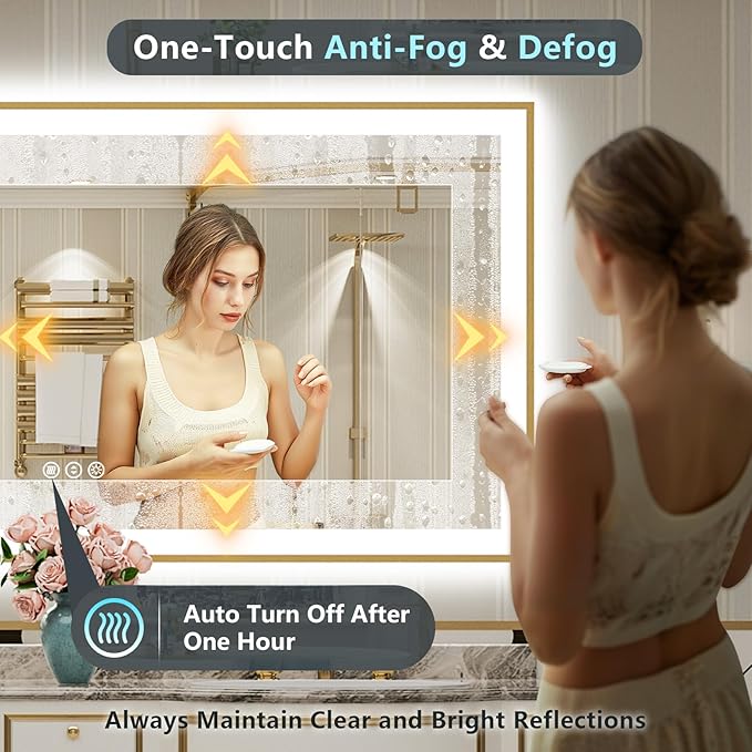 84x32 Gold LED Bathroom Mirror with Lights, Brushed Gold Framed Backlit and Front Lit Anti-Fog Lighted Vanity Mirrors for Bathroom Wall, Dimmable, 3 Colors, Memory, HD Tempered Glass, CRI＞90