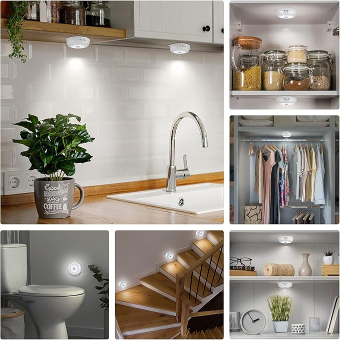 Alivation Motion Sensor Light Indoor, LED Closet Lights Battery Operated, Motion Sensor Night Light Under Cabinet Lighting, 3 AA Battery Powered Lights, Puck Lights for Wall, Stair, Dimmable (3 Pack)