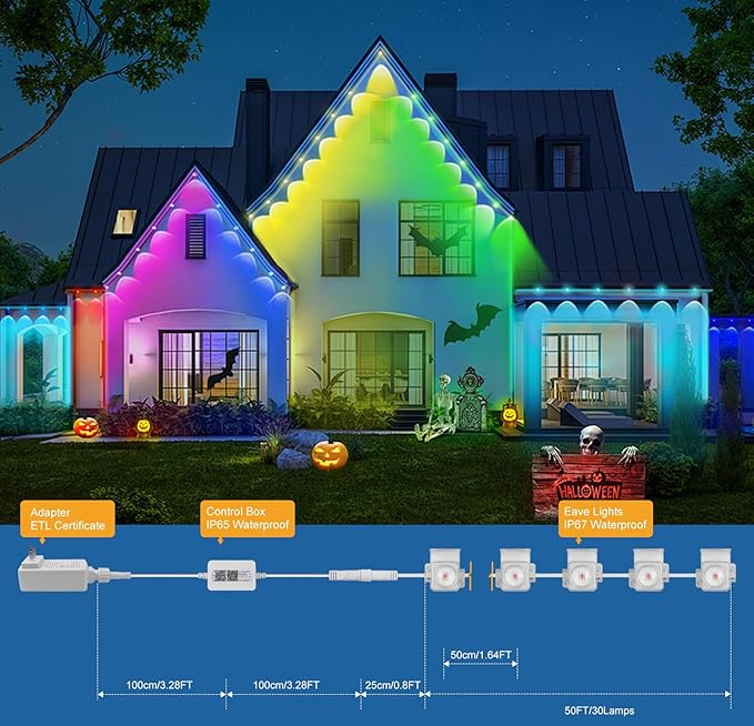 Aogled Permanent Outdoor Lights for House,50ft RGB+IC Smart Eave Lights with 30 LEDs,IP67 Waterproof,Remote/APP Control,DIY Scene Modes&Music Sync Lighting for Outdoor Christmas Decorations