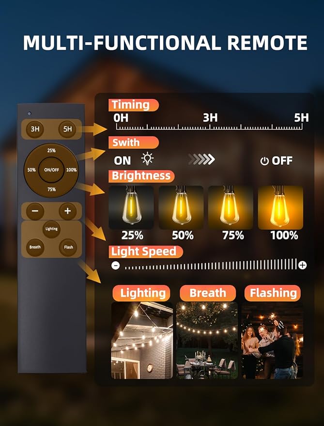 Outdoor Patio String Lights: 150Ft 45M Outside Waterproof Light - Remote Dimmable ST38 Shatterproof Bulb Connectable Hanging Outdoor Electric Lighting - Backyard Yard Gazebo Porch Party