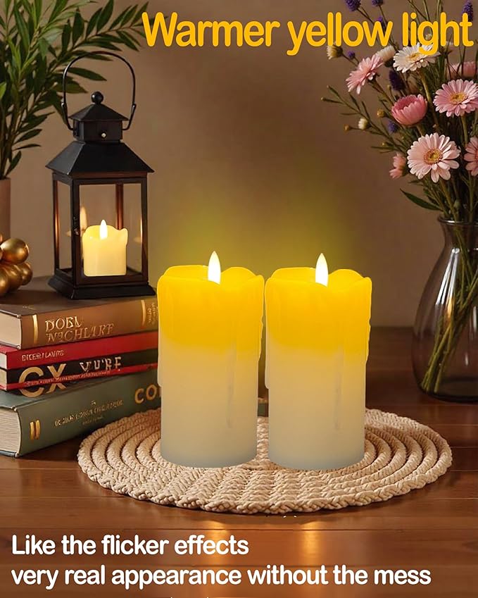 3"x6" White Flameless LED Candles - Remote Control & Timer, Set of 2 Large Real Wax Pillar Flickering Battery Candles for Table, Fireplace and Mantel Decor