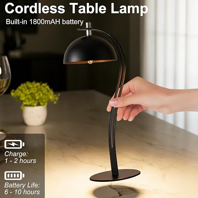 Cordless Table Lamp,Rechargeable LED Reading Light with 3 Colors,Touch Dimmable Night Light,Portable Small Bedside Lamps,Aesthetic Lamp for Bedroom Living Room Office Desk Decor (Black)