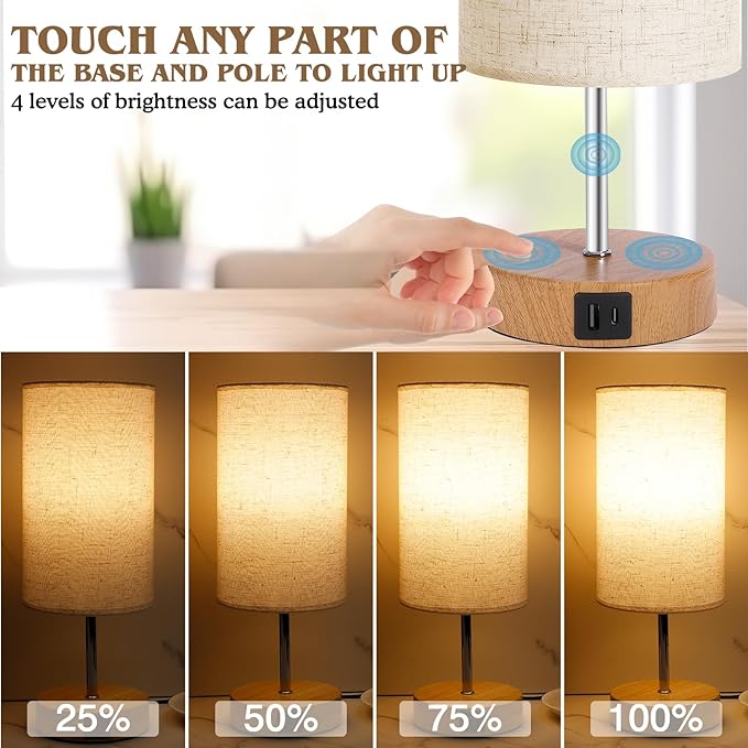 Bedside Table Lamp for Bedroom - 4 Way Dimmable Touch Lamp with USB and Type-C Charge Port, Small Wood Base Round Flaxen Fabric Shade Lamp Living Room,Bedroom Use(Yellow Color Base)