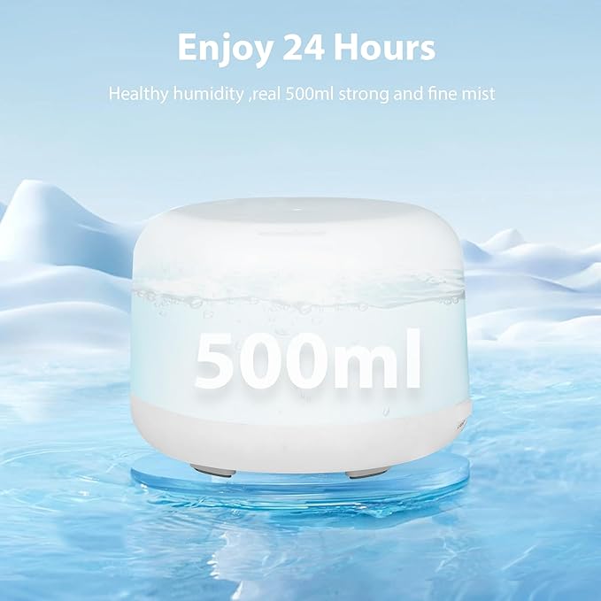 Essential Oil Diffuser 500ml - Remote Control Aromatherapy Humidifier, 7 Color LED Lights, Whisper Quiet, Auto Shut-Off,Small Humidifier for Bedroom Quiet