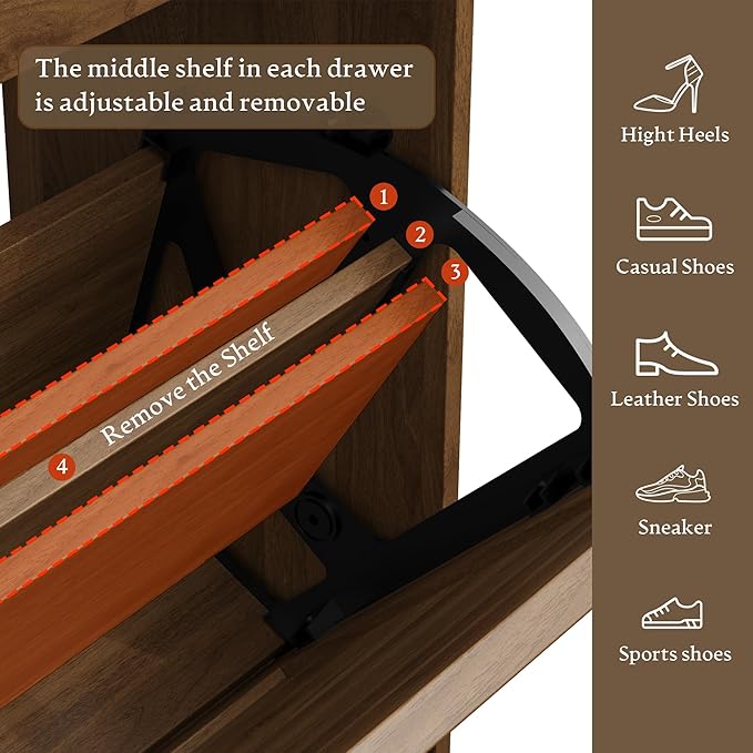 Shoe Cabinet for Entryway, Farmhouse Shoe Storage Cabinet with 6 Flip Drawers and 2 Top Drawers, Tall Narrow Shoe Organizer Cabinet with Adjustable Shelves, Side Hooks and Anti-Tip Kit